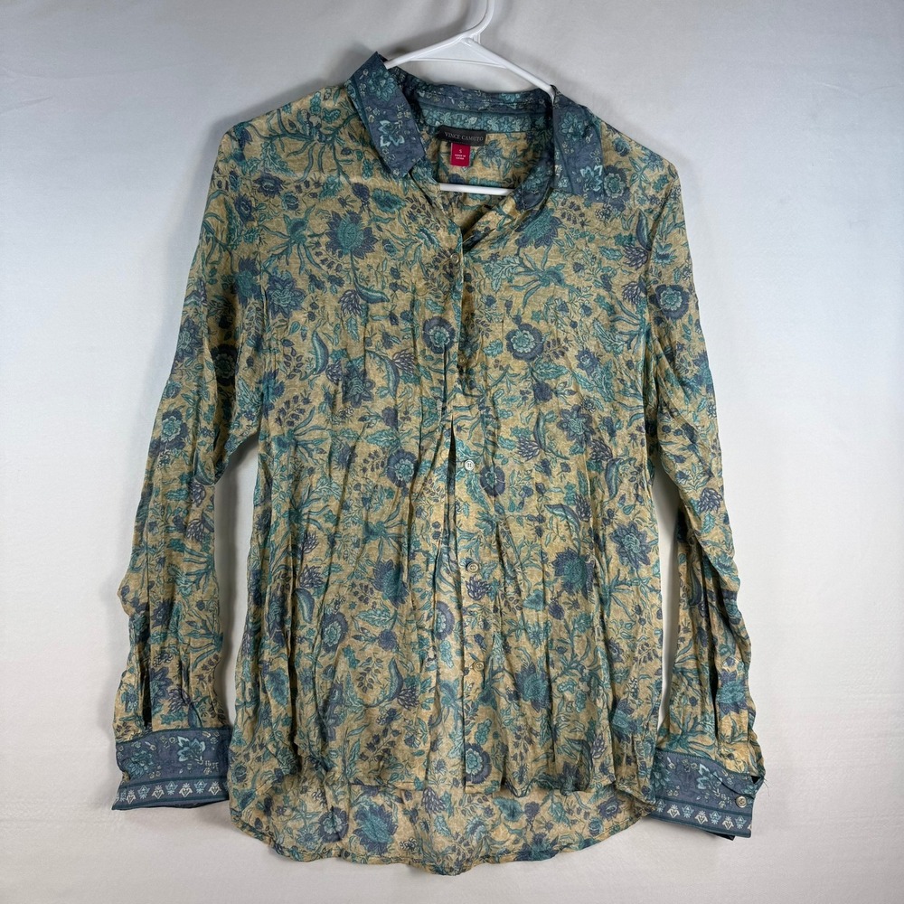 Vince Camuto Womens Small Floral Paisley Button Down Blouse Blue Tan Sheer Top - Picture 3 of 8